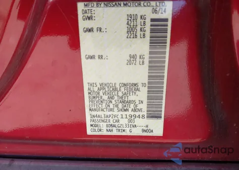 2015 Nissan Altima 2.5 S из США, поврежденный, VIN 1N4AL3AP2FC119948